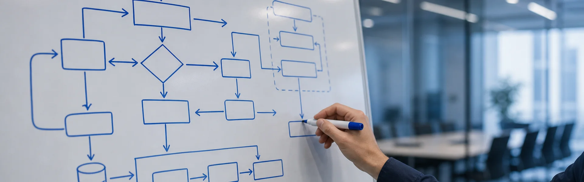 Whiteboard process flowchart drawn in blue marker